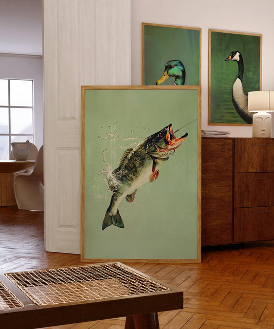 Vintage Bass Fishing Poster Art Cabin Wall Decor Outdoor Sports Angler Fisherman Illustration Father's Day Gift for Dad