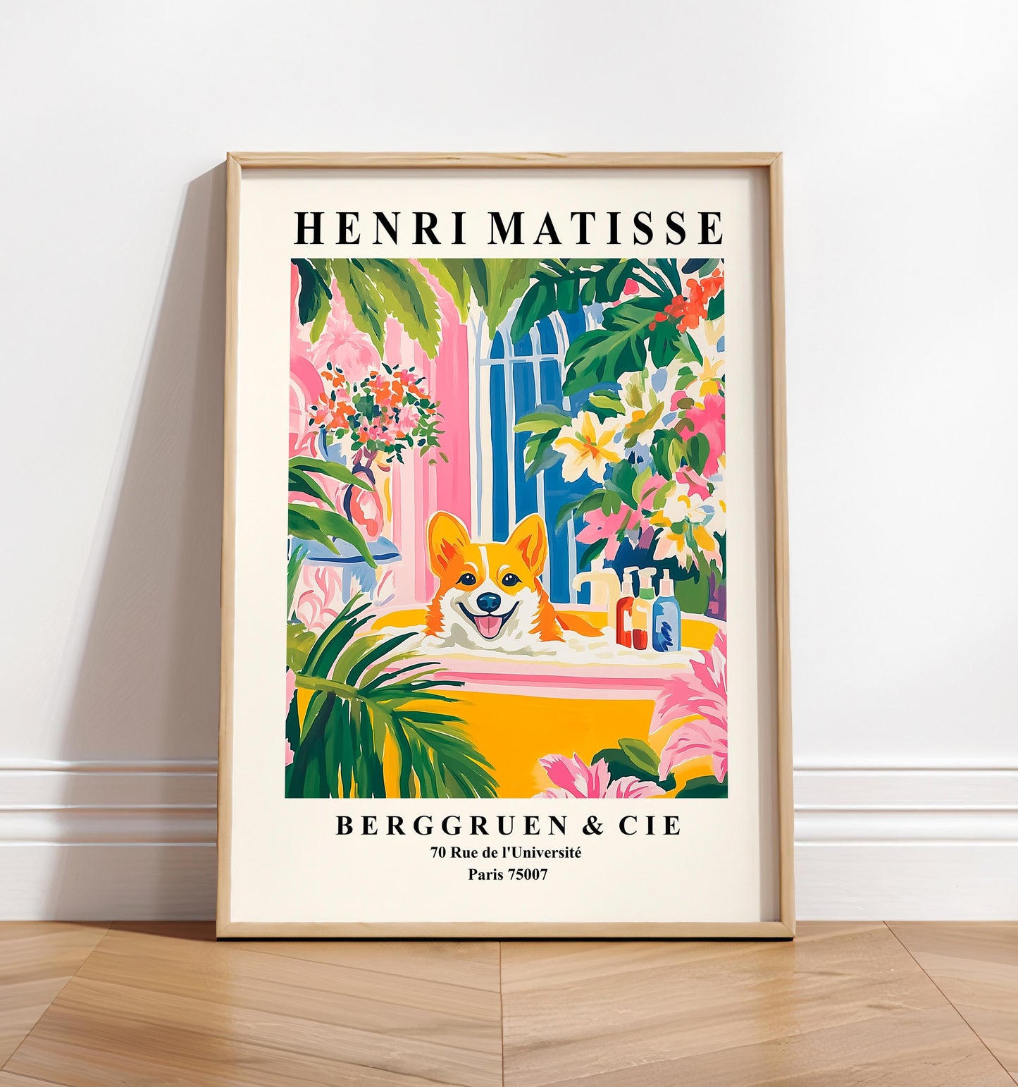Matisse Corgi Art Print: Funny Dog in Bathtub, Tropical Bathroom Decor