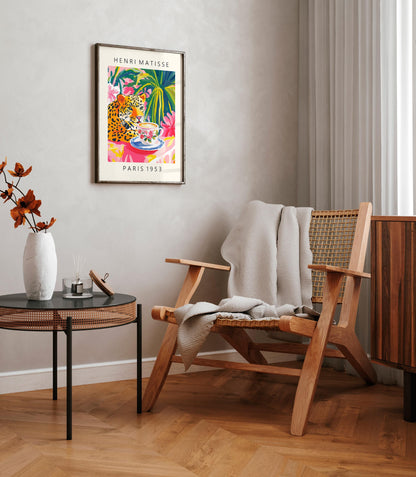 Leopard Drinking Coffee Art Print: Henri Matisse Style Kitchen Decor
