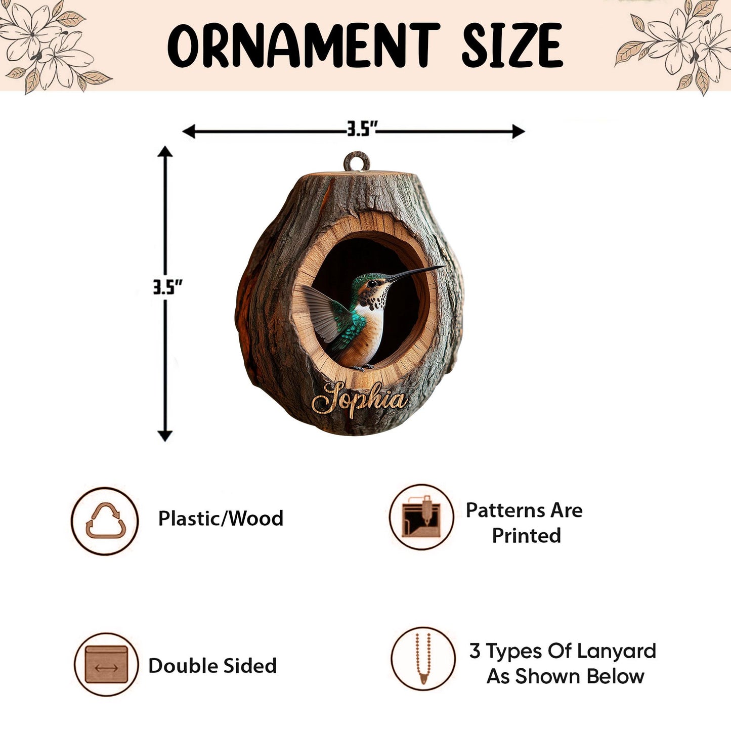 Personalized Hummingbird 2D Flat Ornament, Hummingbird Rearview Mirror Car Accessories, Bird Christmas Ornament, Bird Decor, Bird Lover Gift