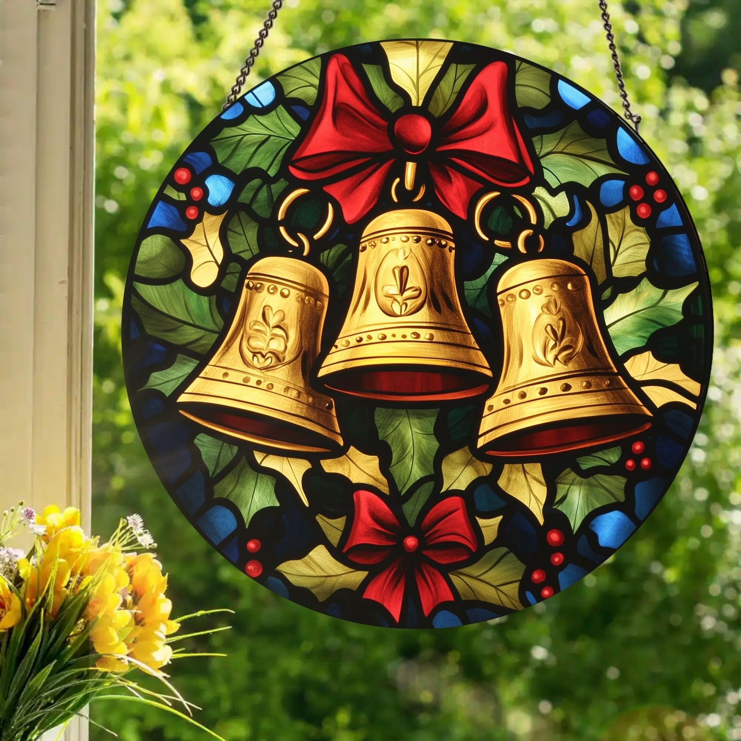 Christmas Bells: Stained Glass Style Window Hanging Made With Real Glass