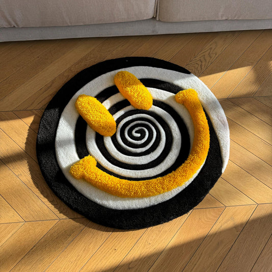 Handmade Tufted Smiley Face Rug: Hypnotic Spiral Design