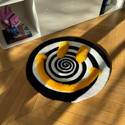 Handmade Tufted Smiley Face Rug: Hypnotic Spiral Design