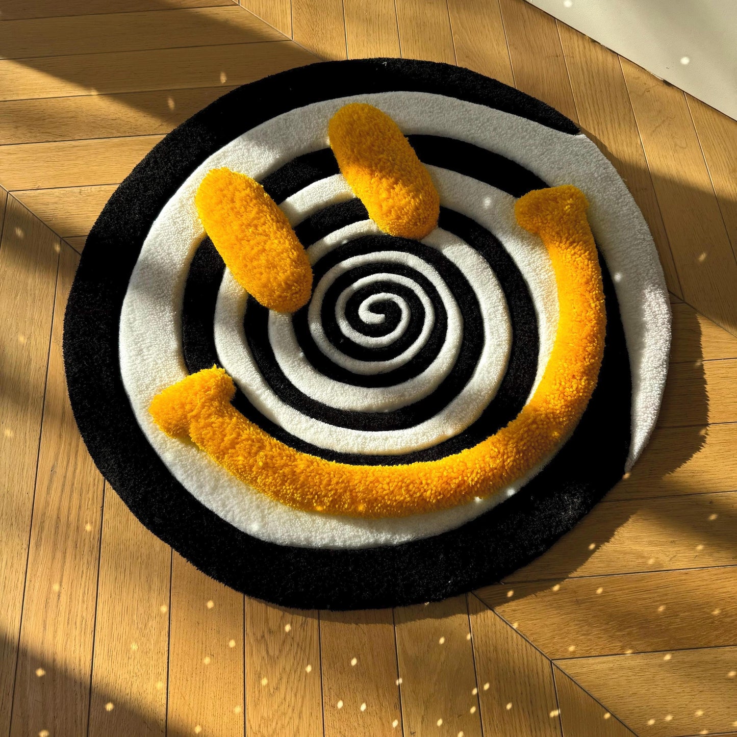 Handmade Tufted Smiley Face Rug: Hypnotic Spiral Design
