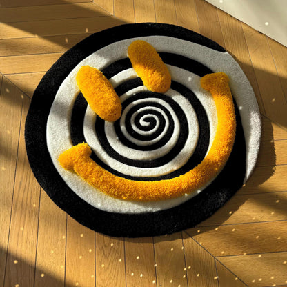 Handmade Tufted Smiley Face Rug: Hypnotic Spiral Design
