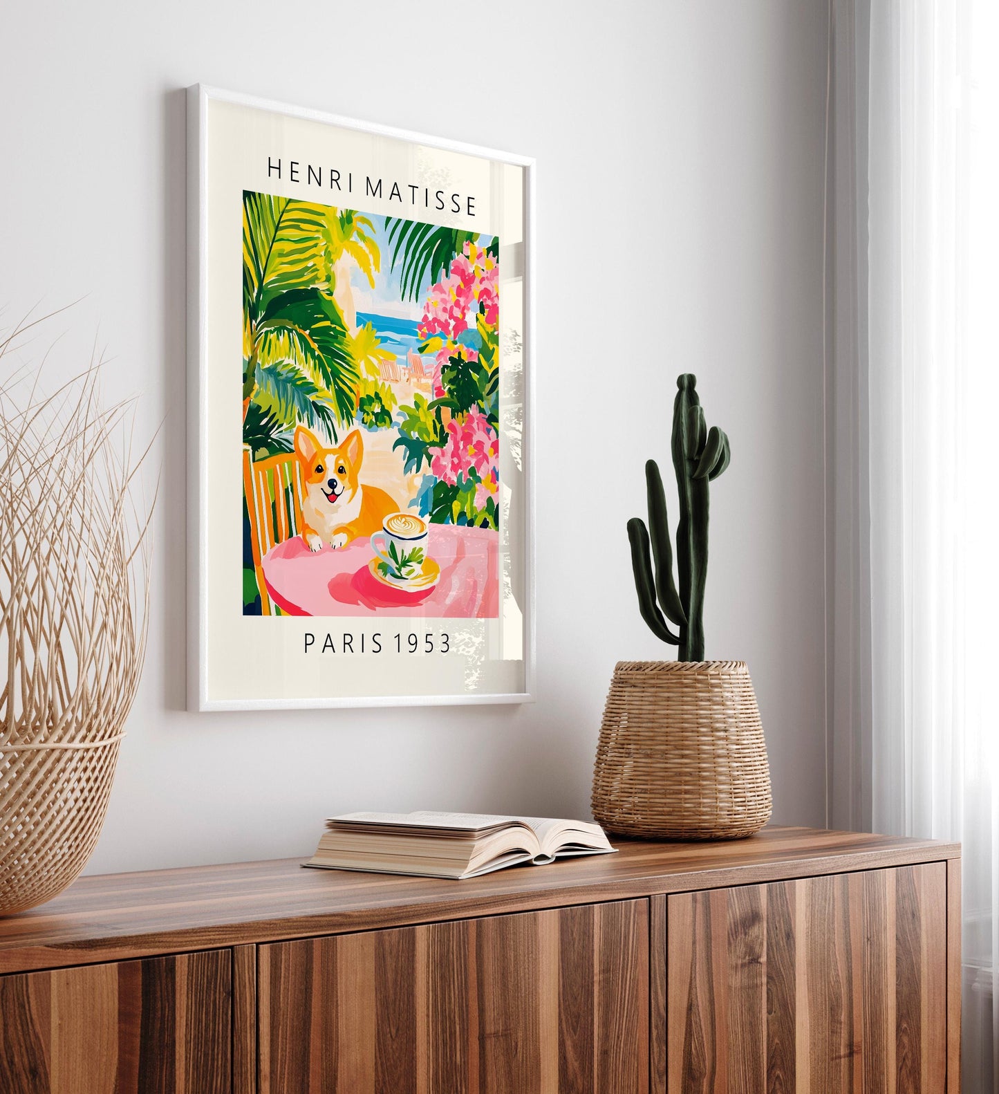 Corgi Coffee Print: Matisse Style Pink Kitchen Art