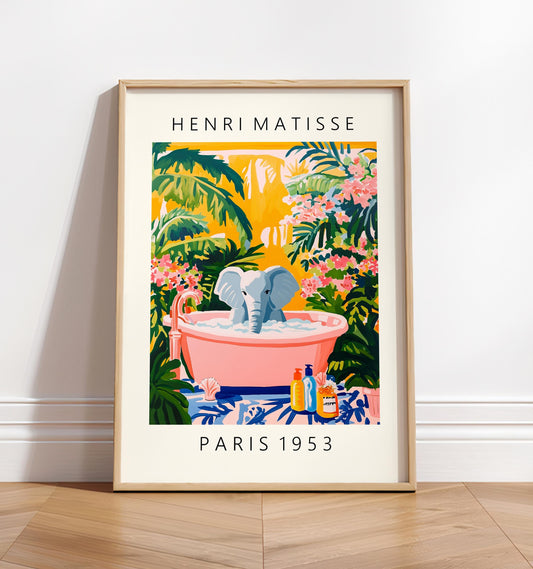 Elephant in Bathtub Art Print: Tropical Matisse Style Bathroom Decor