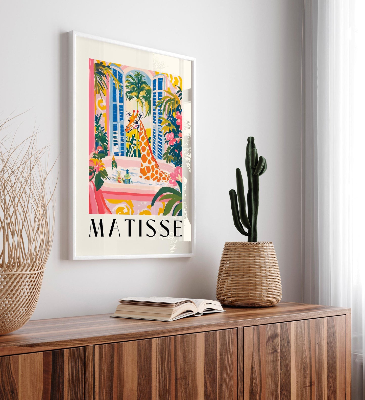 Giraffe in Bathtub Print: Funny Matisse Style Bathroom Art