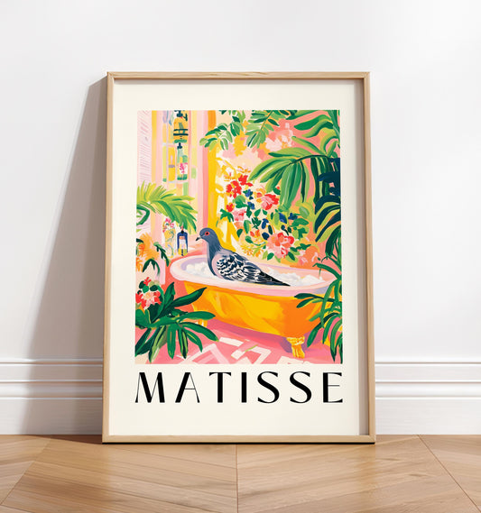Pigeon in Bathtub Art Print: Funny Matisse Style Bathroom Wall Decor
