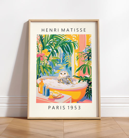 Snowy Owl in Bathtub Art Print: Funny Bathroom Decor