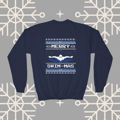 Youth Merry Swim-mas Ugly Christmas , Swimming Christmas Sweatshirt for Kids, Swim Shirt for Boys, Gift for Swimmer