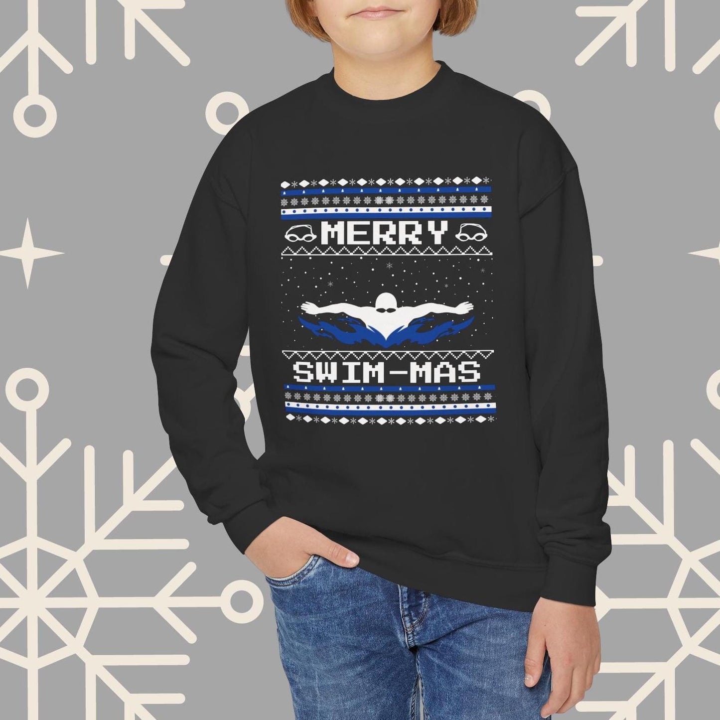 Youth Merry Swim-mas Ugly Christmas , Swimming Christmas Sweatshirt for Kids, Swim Shirt for Boys, Gift for Swimmer