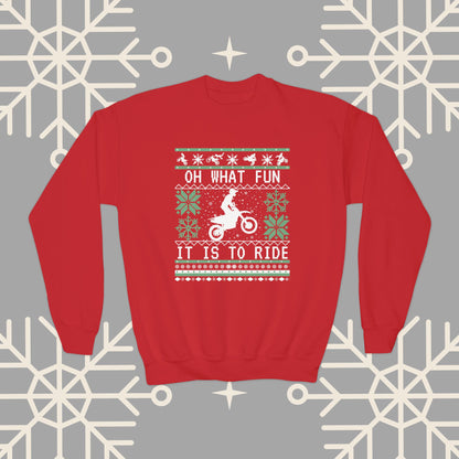 Youth Motocross Ugly Christmas , Oh What Fun It Is To Ride Dirt Bike Christmas Sweatshirt for Boys, Kids Motocross Gifts