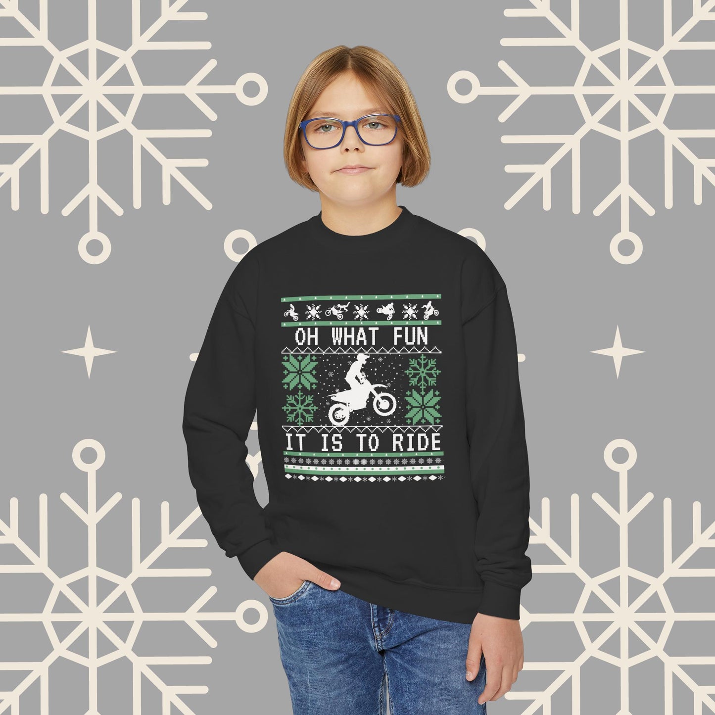 Youth Motocross Ugly Christmas , Oh What Fun It Is To Ride Dirt Bike Christmas Sweatshirt for Boys, Kids Motocross Gifts