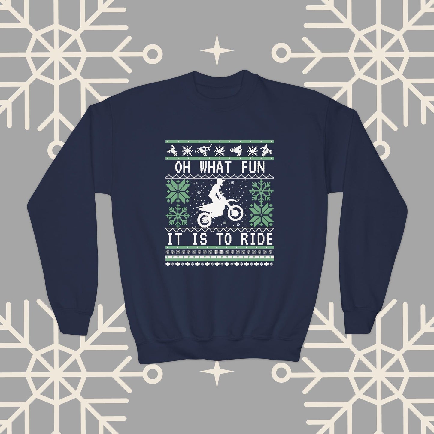 Youth Motocross Ugly Christmas , Oh What Fun It Is To Ride Dirt Bike Christmas Sweatshirt for Boys, Kids Motocross Gifts