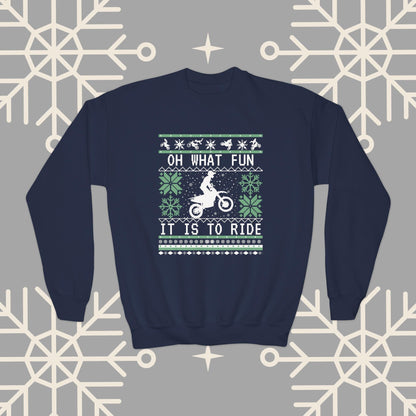 Youth Motocross Ugly Christmas , Oh What Fun It Is To Ride Dirt Bike Christmas Sweatshirt for Boys, Kids Motocross Gifts