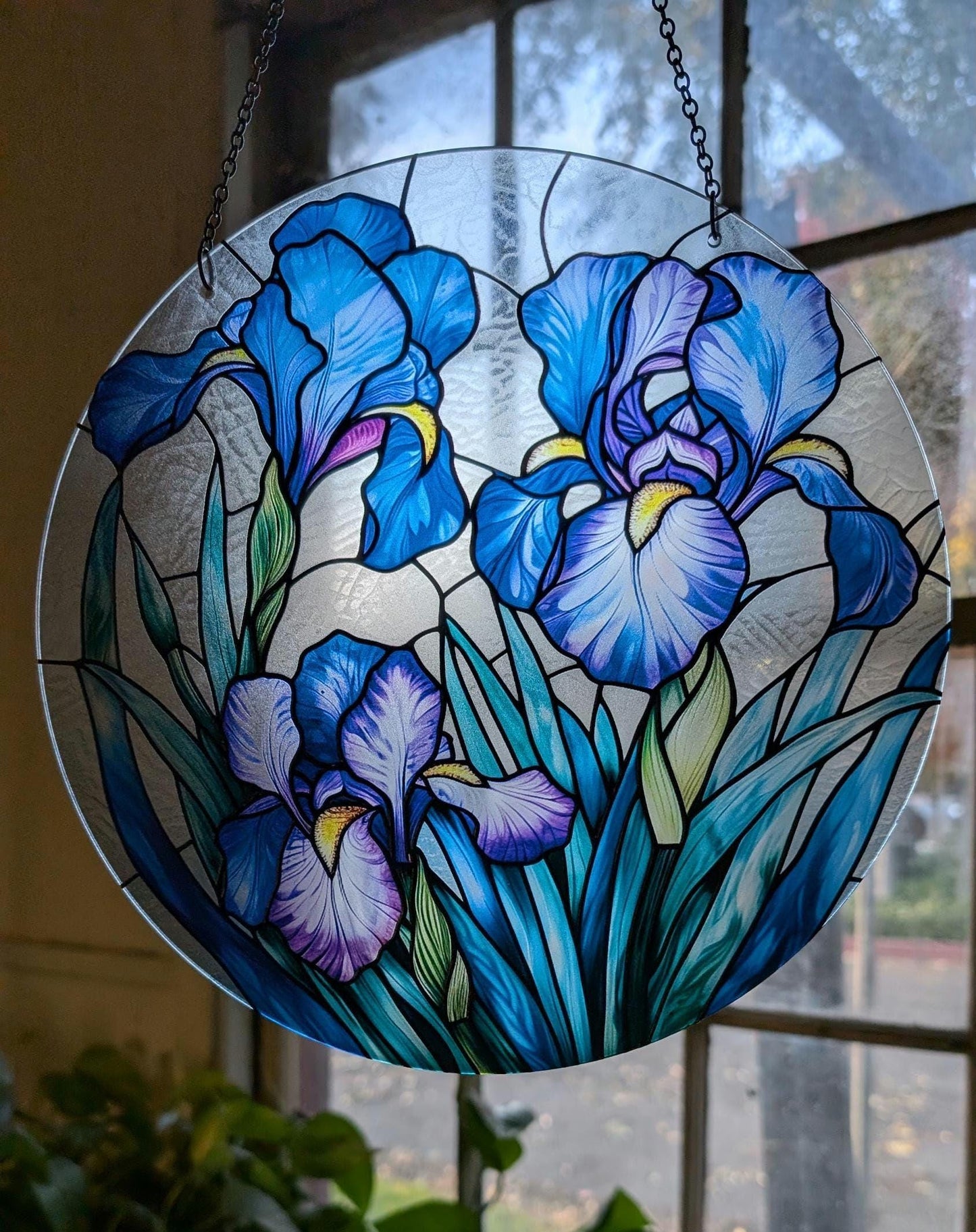 Blue Iris: Stained Glass Style Window Hanging