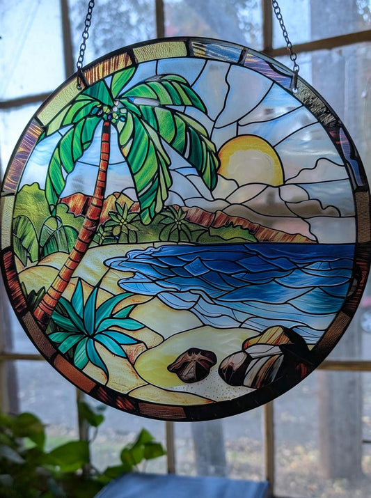 Tropical Beach: Stained Glass Style Window Hanging Made With Real Glass