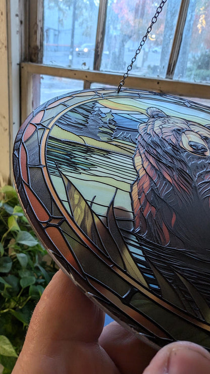 Grizzly Bear: Stained Glass Style Window Hanging