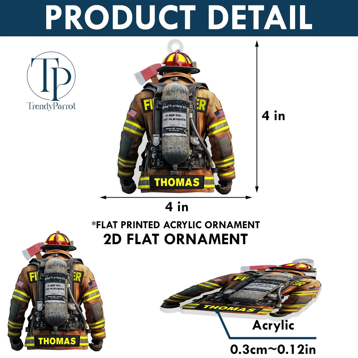 Firefighter Ornament, Firefighter Uniform 2D Acrylic Flat Ornament Not 3D, Firefighter Team Gift, Gift for Fireman Dad Papa Firefighter Gift