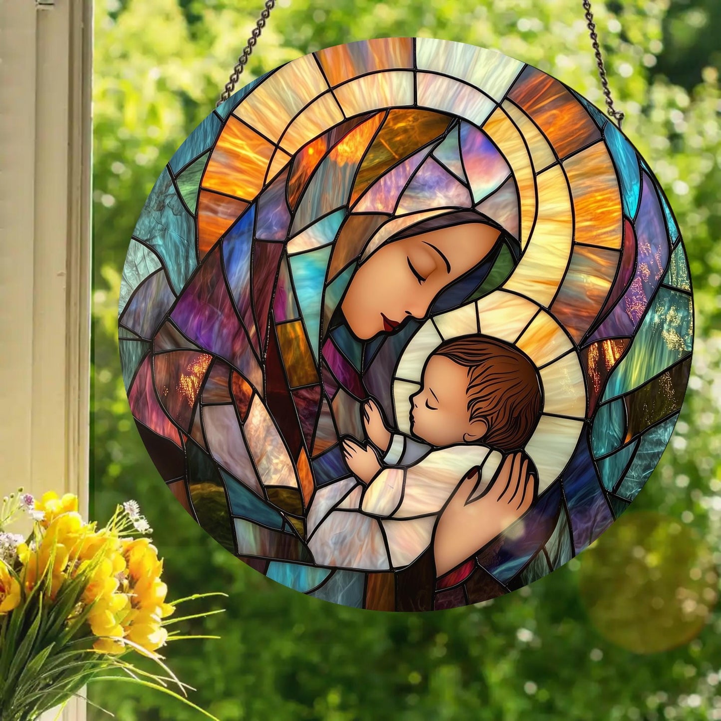 Baby Jesus and the Holy Mother Mary: Stained Glass Style Window Hanging Made With Real Glass