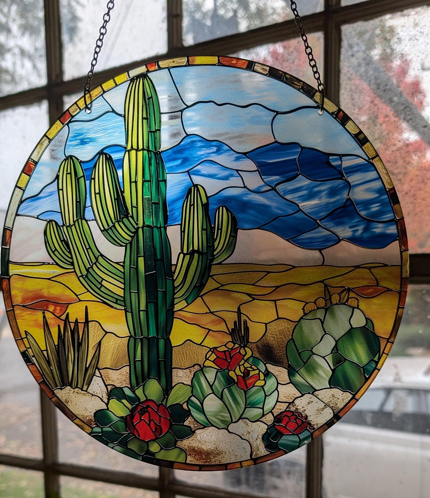 Desert Cactus: Stained Glass Style Window Hanging