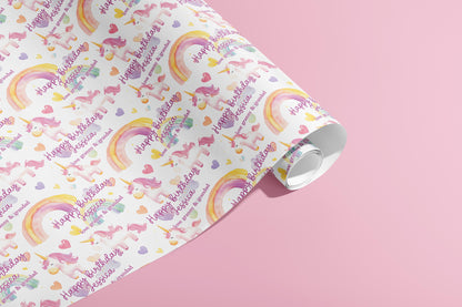 Personalised Birthday Gift Wrap, Wrapping Paper, Unicorn, Your Name, Customised, Wedding, Party, Paper, Your Age, Anniversary, Recycle, Pink