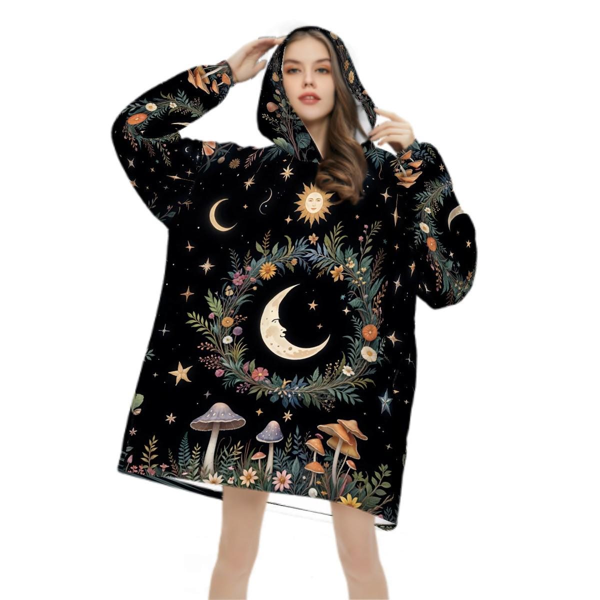 Mystical Moon Mushroom Blanket Hoodie, Witchy Black Wildflower Hooded Jumper
