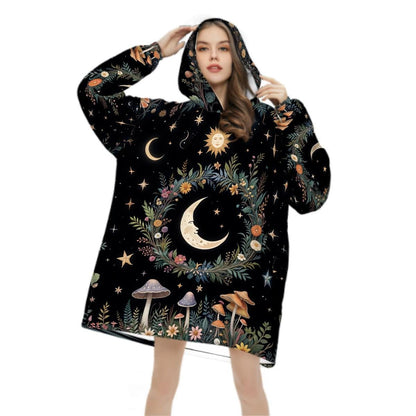 Mystical Moon Mushroom Blanket Hoodie, Witchy Black Wildflower Hooded Jumper