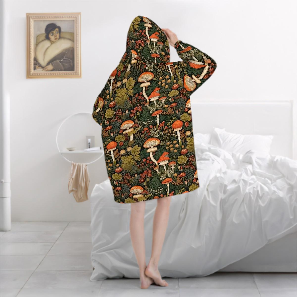Wild Mushroom Blanket Hoodie, Green Witchy Black Wildflower Hooded Jumper