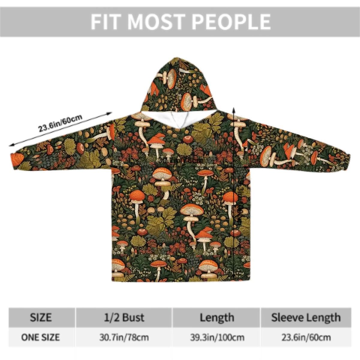 Wild Mushroom Blanket Hoodie, Green Witchy Black Wildflower Hooded Jumper