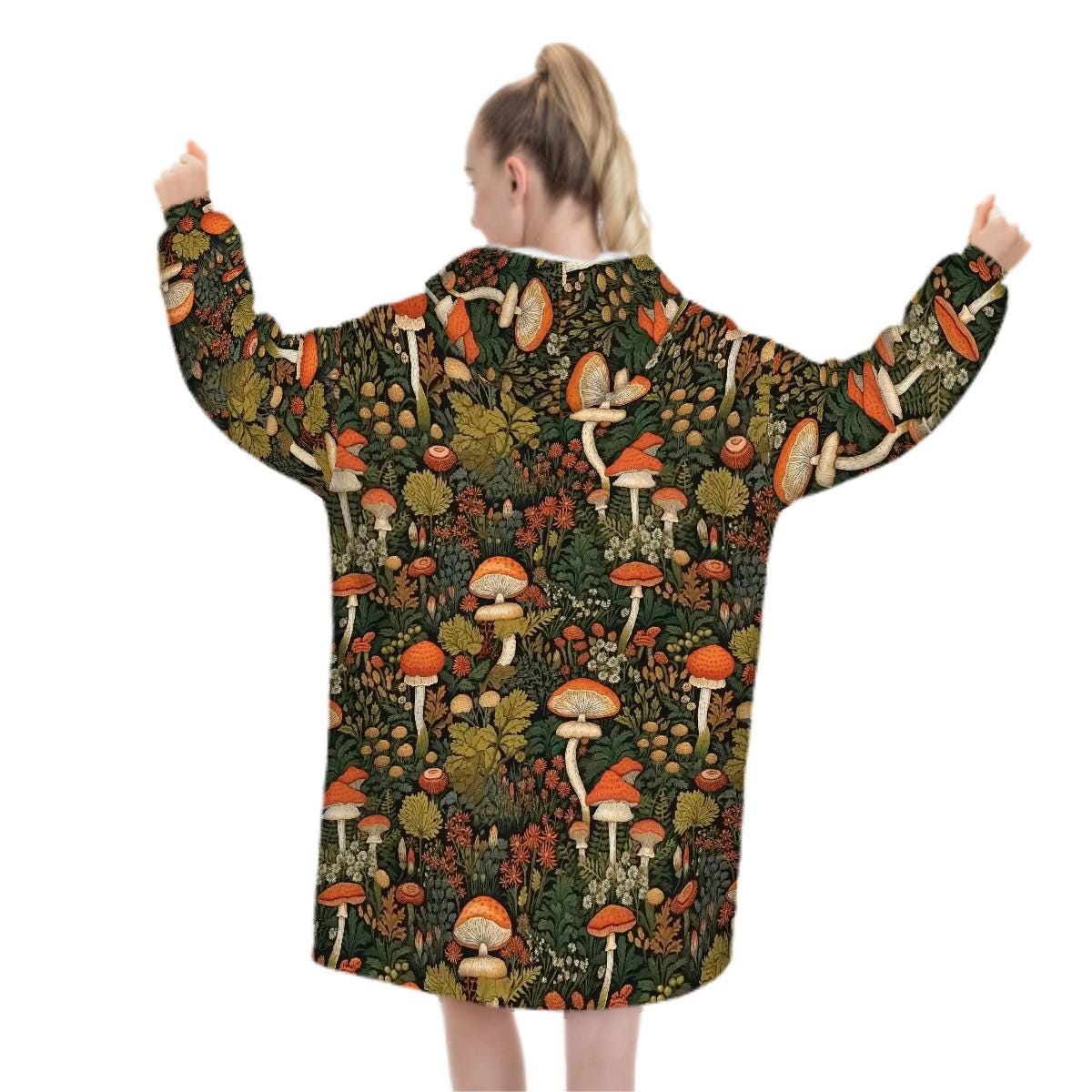 Wild Mushroom Blanket Hoodie, Green Witchy Black Wildflower Hooded Jumper