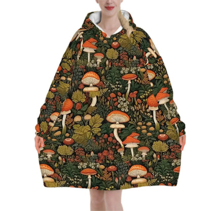 Wild Mushroom Blanket Hoodie, Green Witchy Black Wildflower Hooded Jumper