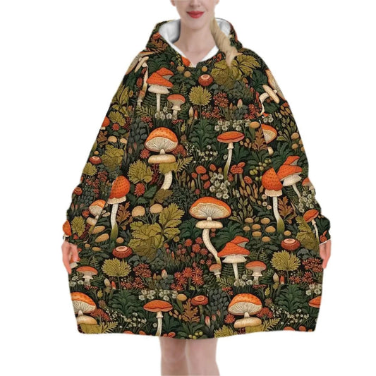 Wild Mushroom Blanket Hoodie, Green Witchy Black Wildflower Hooded Jumper