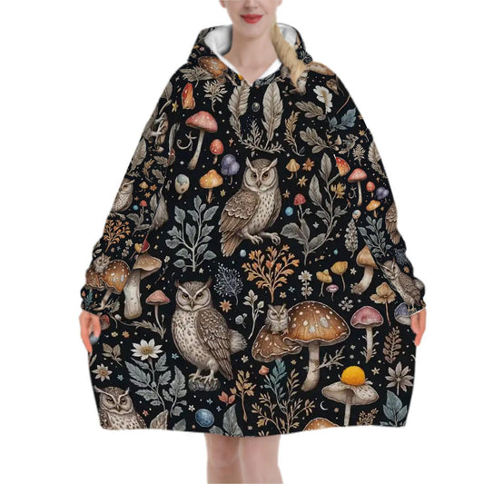 Owl and Mushroom Blanket Hoodie, Witchy Black Wildflower Hooded Jumper, Cottagecore Fashion Home Accessories