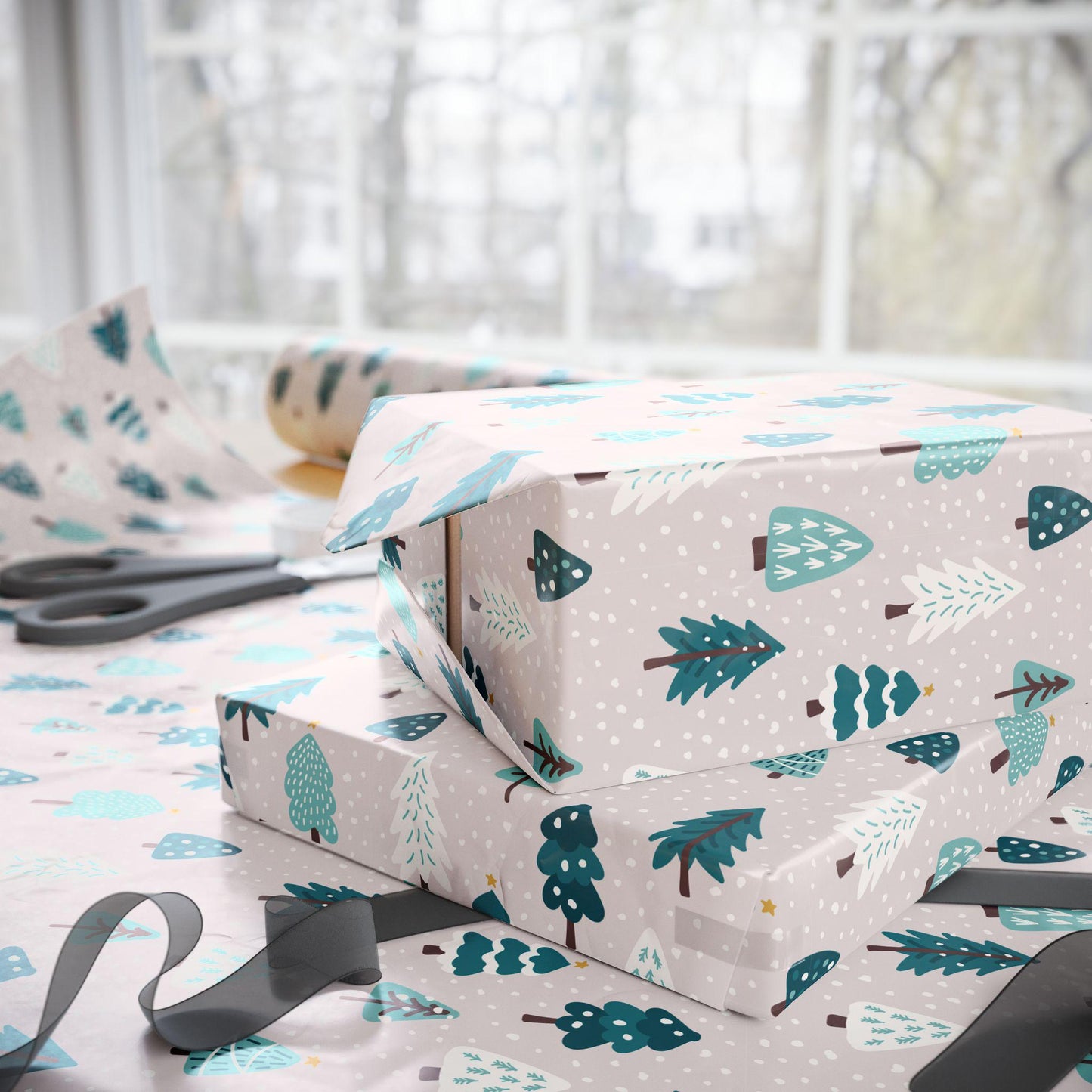 Tree Christmas Gift Wrapping Papers - Retro Christmas Gift wrap - Hand Drawn Classic Gift Wrap