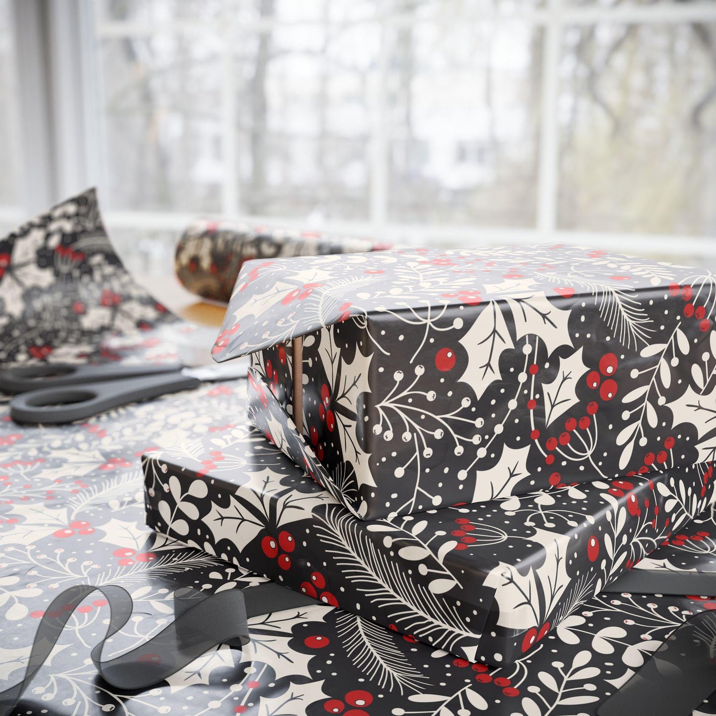 Unique Christmas Gift Wrap Papers -Black and white Holly Design -Vintage Gift Wrapping paper