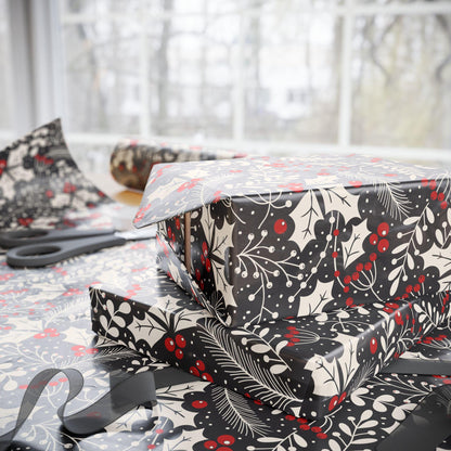 Unique Christmas Gift Wrap Papers -Black and white Holly Design -Vintage Gift Wrapping paper