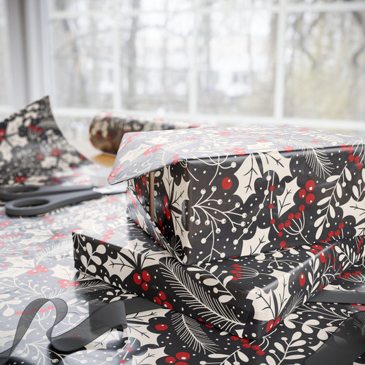 Unique Christmas Gift Wrap Papers -Black and white Holly Design -Vintage Gift Wrapping paper