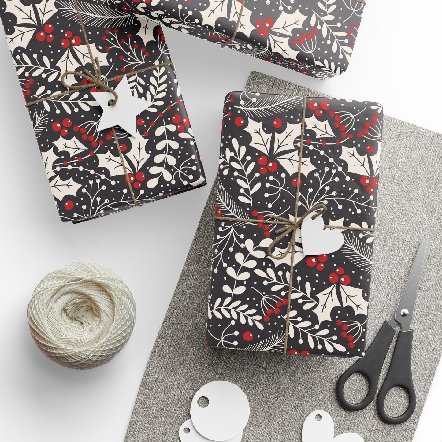 Unique Christmas Gift Wrap Papers -Black and white Holly Design -Vintage Gift Wrapping paper