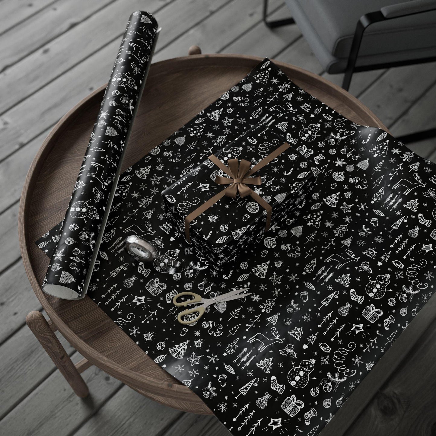 Black Christmas Doodle Gift Wrapping Papers - Custom Holiday Gift Wrap
