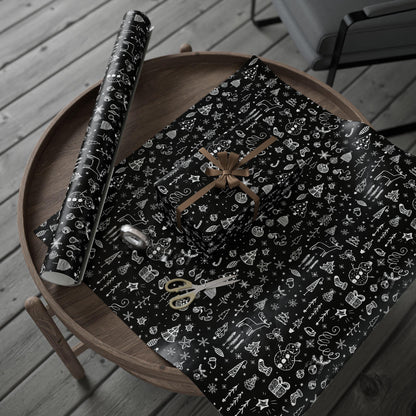 Black Christmas Doodle Gift Wrapping Papers - Custom Holiday Gift Wrap