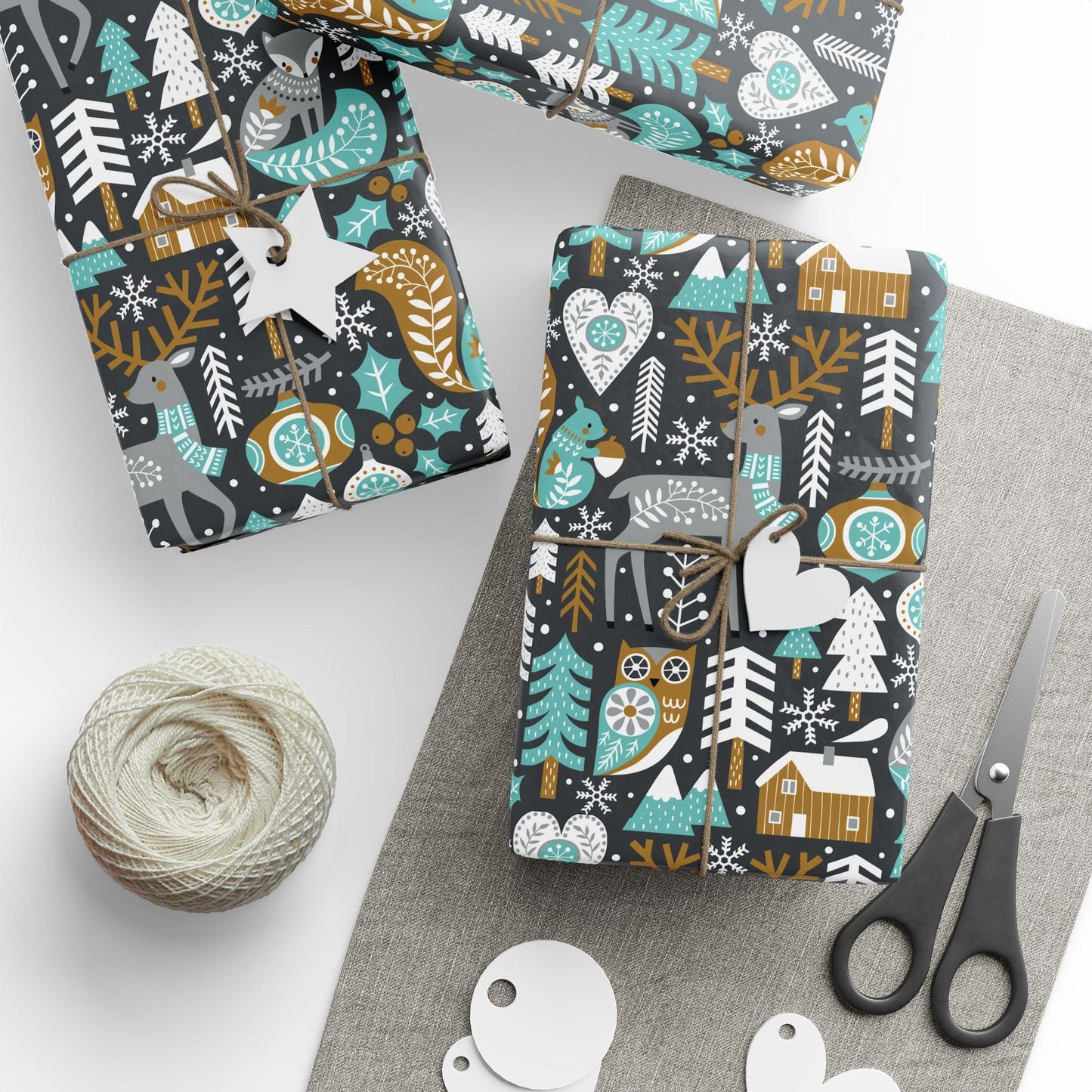 Folk Art Christmas Gift Wrapping Paper - Woodsy whimsical Animals - Folk Art Whimsy Gift Wrap