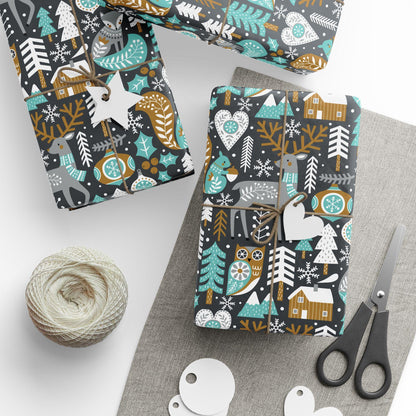 Folk Art Christmas Gift Wrapping Paper - Woodsy whimsical Animals - Folk Art Whimsy Gift Wrap