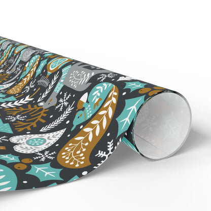 Folk Art Christmas Gift Wrapping Paper - Woodsy whimsical Animals - Folk Art Whimsy Gift Wrap