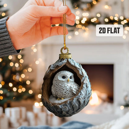 Owl 2D Flat Ornament, Snowy Owl Rearview Mirror Car Accessories, White Owl Christmas Ornament, Bird Ornament, Christmas Gift for Owl Lovers