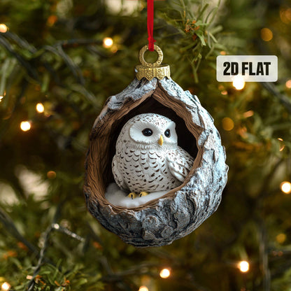 Owl 2D Flat Ornament, Snowy Owl Rearview Mirror Car Accessories, White Owl Christmas Ornament, Bird Ornament, Christmas Gift for Owl Lovers