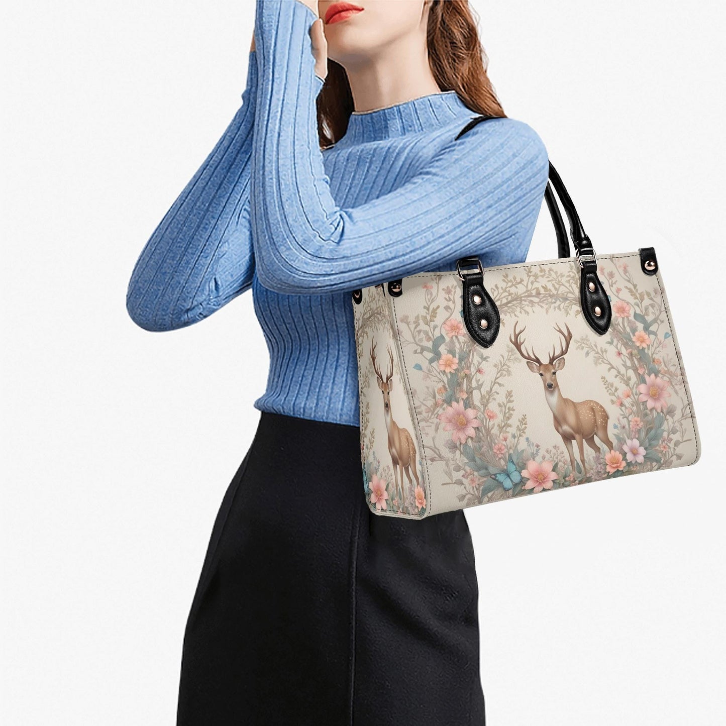 Deer with Floral Crossbody Bag - Nature-Inspired Vegan Leather Purse, Unique Gift for Women