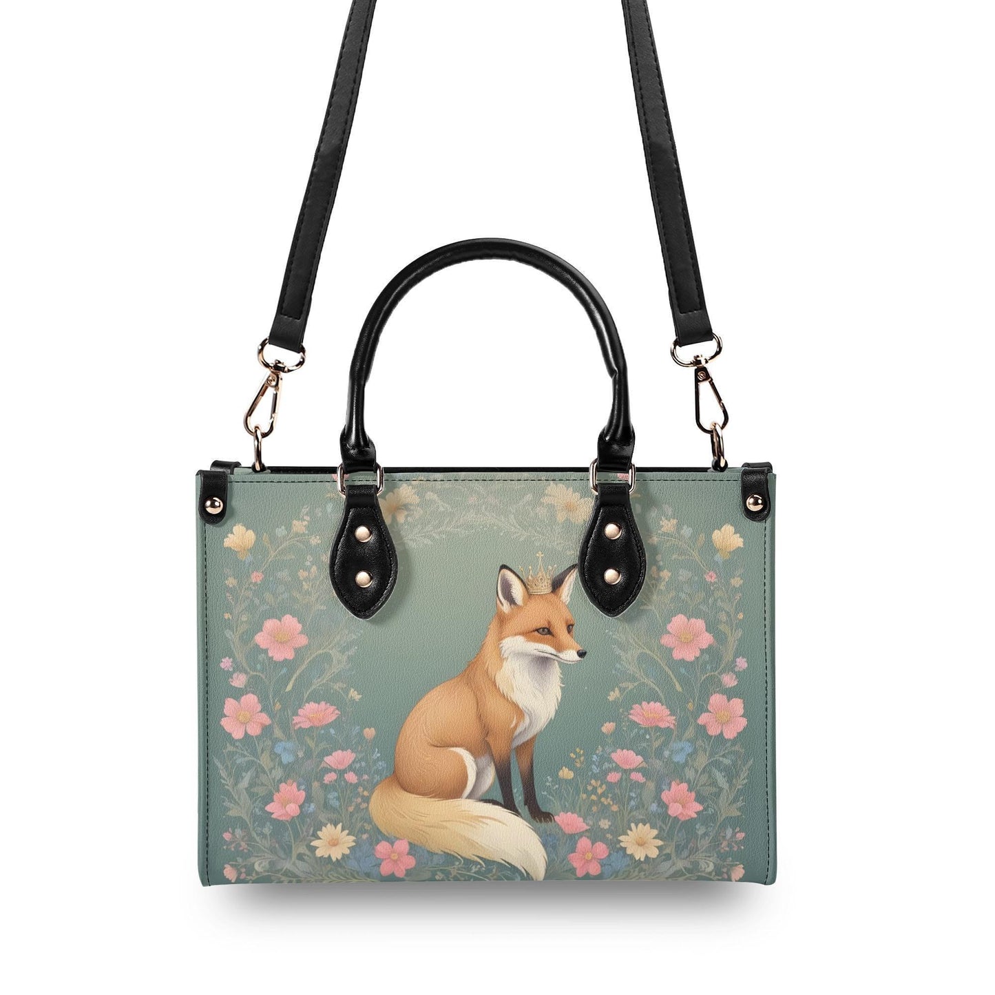 Curious Fox with Wildflowers Crossbody Bag - Vegan Leather Purse, Unique Nature-Inspired Gift for Women