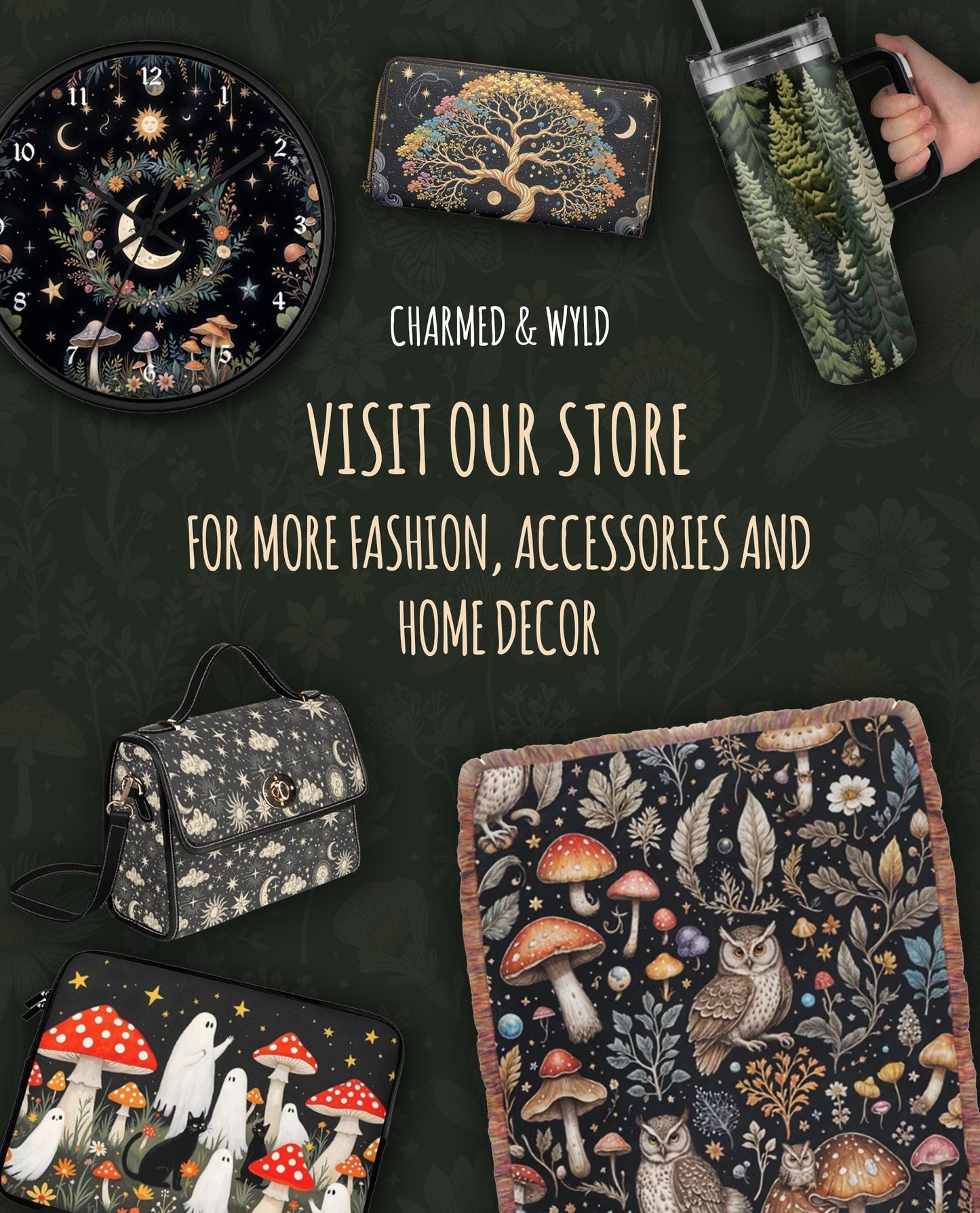 Mystical Moon Mushroom Blanket Hoodie, Witchy Black Wildflower Hooded Jumper